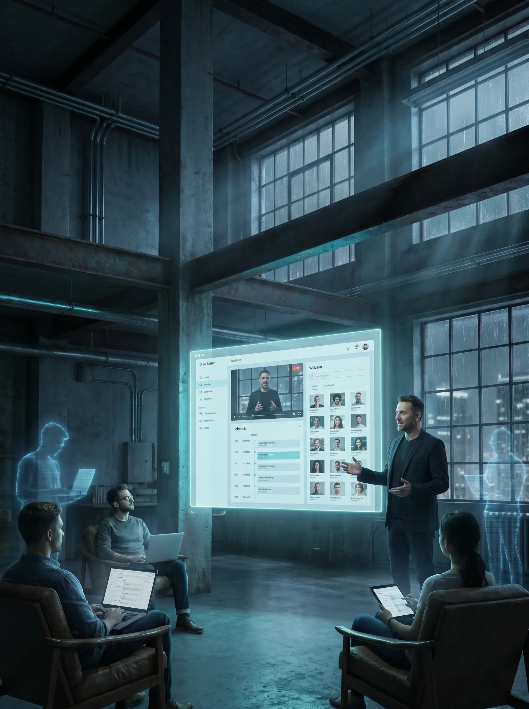 Prelegent prowadzi wydarzenie online na tle holograficznego ekranu webinaru, część uczestników łączy się zdalnie