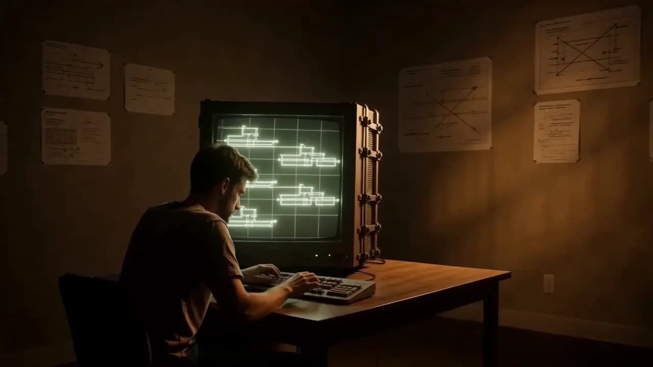 Konstruktor przy biurku w świetle wolframu. Przykręcany monitor CRT ze świecącym schematem interfejsu.