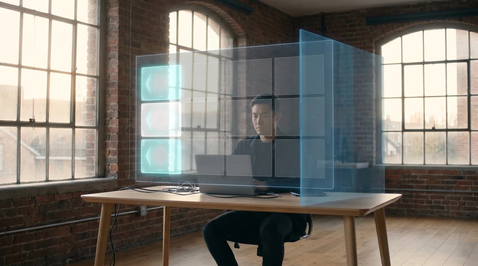 Programista przy biurku z holograficznym interfejsem narzędzi, część aktywna, część wyciszona za świetlną bramą